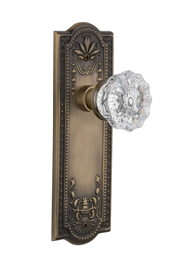 Nostalgic Warehouse 701837 Meadows Plate Privacy Crystal Glass Door Knob, Antique Brass