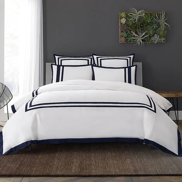 Wamsutta Hotel Border Micro Cotton King Duvet Cover Set in White/Navy