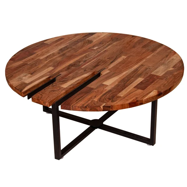 36 Inches Round Wooden Top Coffee Table with Metal Base - Brown and Black, Saltoro Sherpi