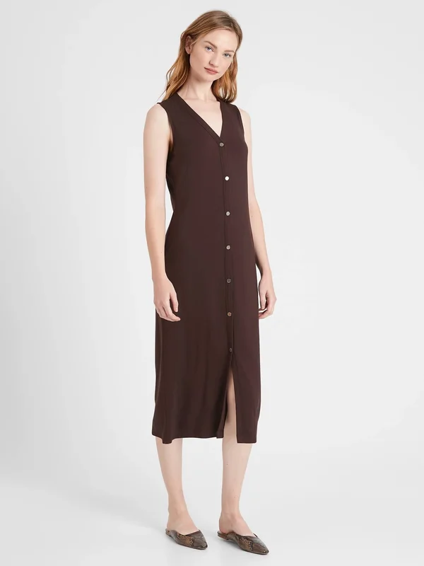 Banana Republic Women's Knit Button-Down Dress Dark Mahogany Brown Size Xs