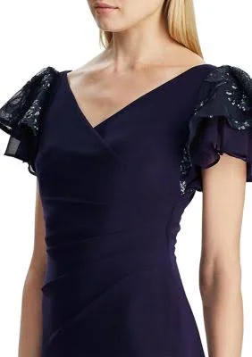 Lauren Ralph Lauren Embellished Flutter-Sleeve Gown - Lighthouse Navy