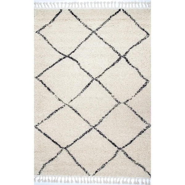 nuLOOM Jessie Moroccan Lattice Shag Off-White 10 ft. Square Rug, Beige