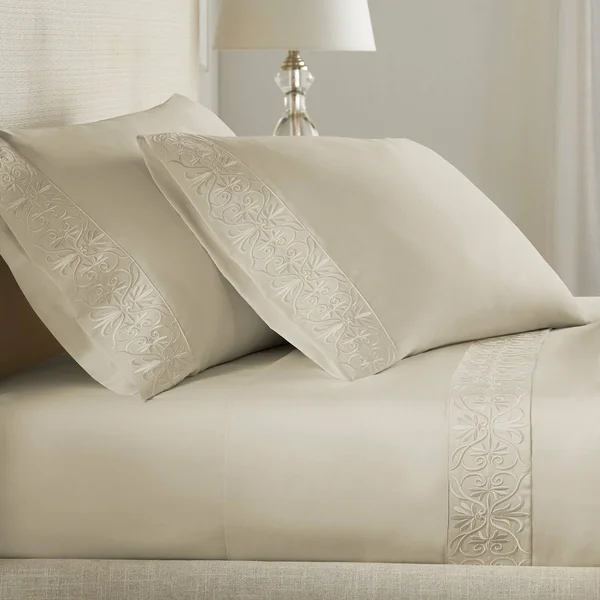 Aleah Ivory Ariane Sheet Set - 100% Giza Egyptian Cotton, Queen, Tan