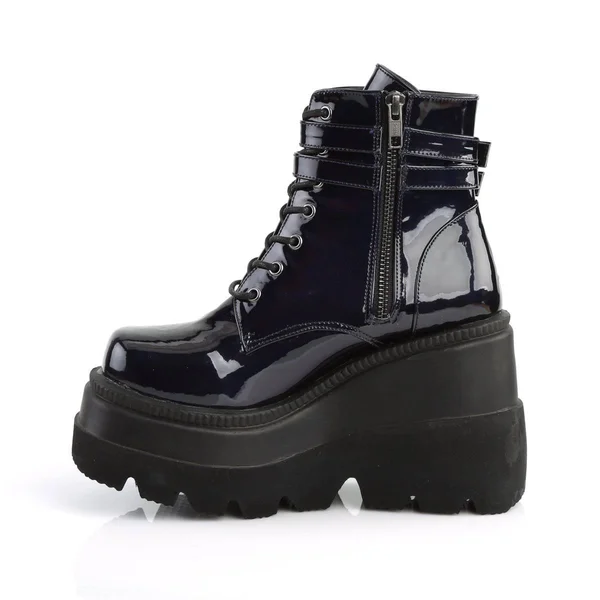 SHAKER-52 - 4 1/2x22 Wedge Platform Lace-Up Ankle Boot Black Pat-UV Neon Pink, Size 5