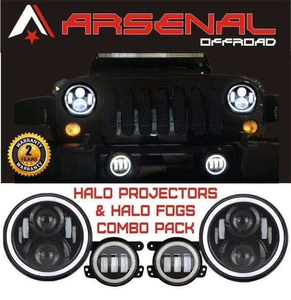 #1 7 inch Round Halo Projectors and Halo Fog Lights 60W Cree Headlights White Halo Angel Eyes+Amber Turning Signal Lights 30W Ha