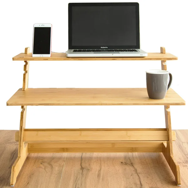 Crew & Axel Standing Desk Converter 100% Natural Bamboo Adjustable Sit Stand Riser Workstation for Desktop or Laptop, Dual M