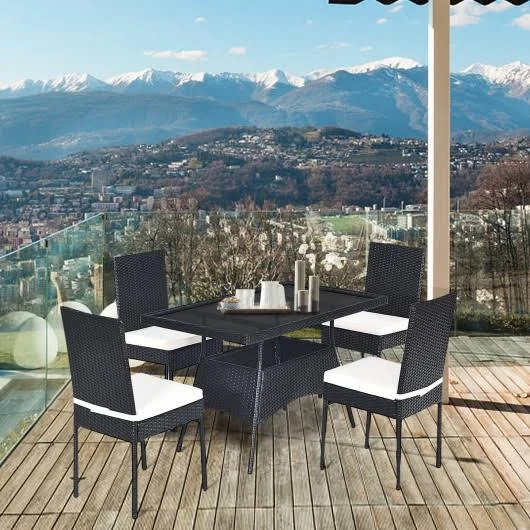 5 Pcs Outdaoor Patio Rattan Dining Set with Glass Top with Cushions