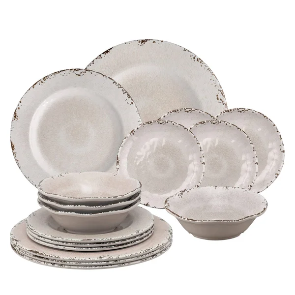 Gourmet Art 16-Piece Crackle Melamine Dinnerware Set, Cream, Service for 4. Incl