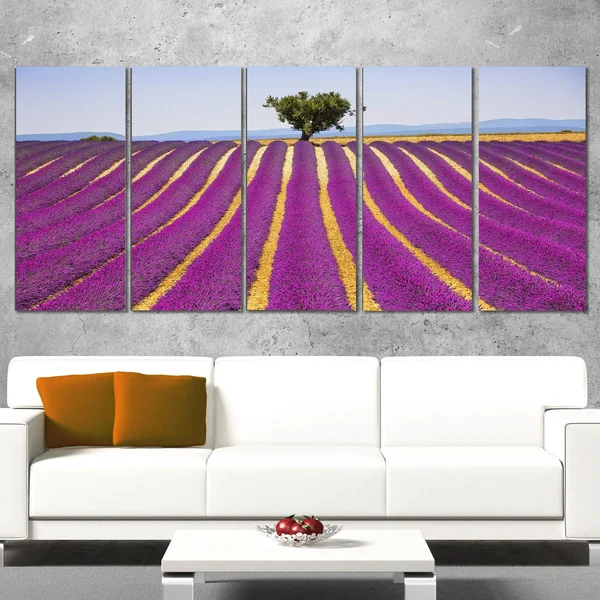 Design Art 'Lavender and Lonely Tree Uphill' 4 Piece Photographic Print on Wrapped Canvas Set, Purple