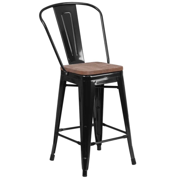 Flash Furniture 24x22 High Metal Counter Height Stool with Back and Wood Seat - Black-Antique Gold
