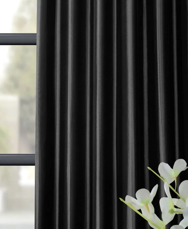 Solid Faux Silk Taffeta Jet Black Curtain Panel