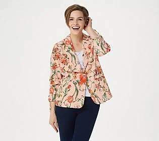 Susan Graver Printed Peachskin Blazer with Ruched Sleeves, Size Plus 18, Peach