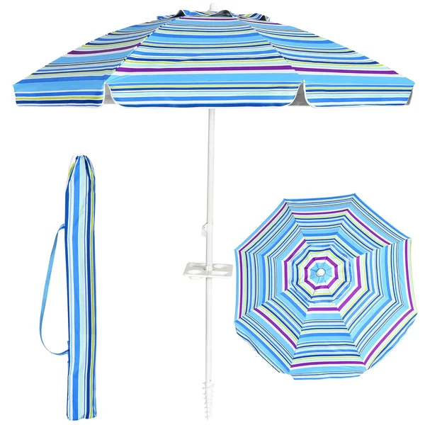 Costway 7.2 ft Portable Beach Umbrella Tilt Sand Anchor Cup Holder - Blue