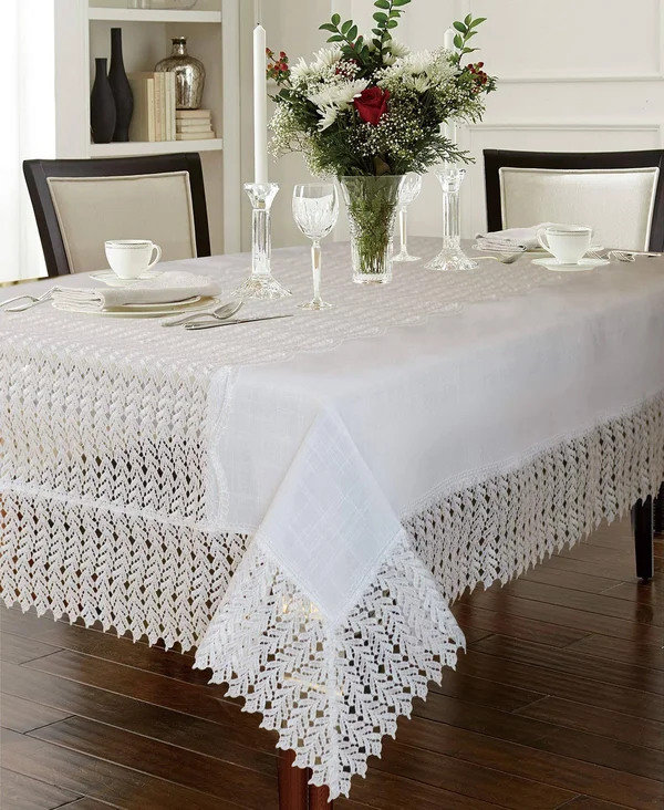 Violet Linen Lisbon Modern Embroidered Runner Design - Macrame Lace Border, Polyester, White, 70 inch by 160 inch, SEATS 14 to 16