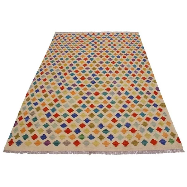 Geometric Kilim Annis Beige Blue Hand Woven Area Rugs 5x8