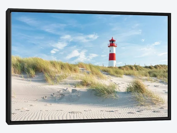 Framed Canvas Art - Lighthouse on The Dune Beach, North Sea Coast, Sylt, Schleswig Holstein, Germany by Jan Becke art)