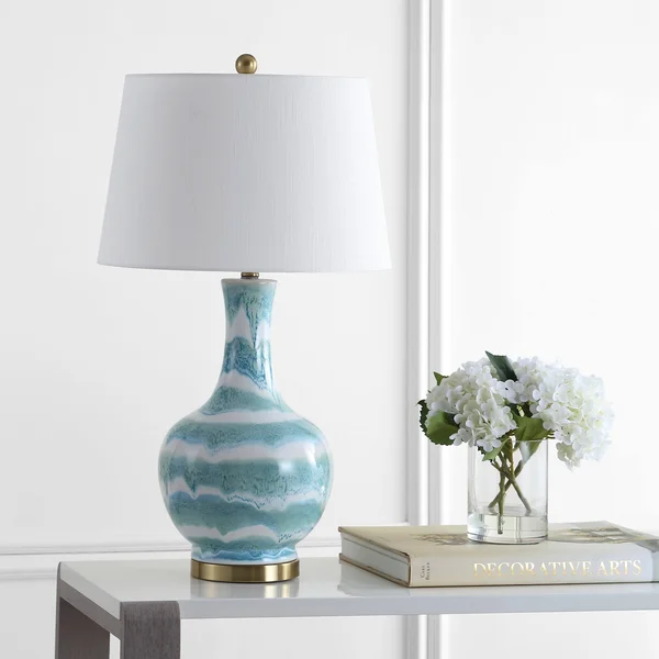 Jonathan Y Tucker 30.5 in. Green/White Striped Ceramic/Metal LED Table Lamp