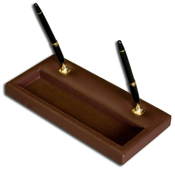 Dacasso Chocolate Brown Leather Double Gold Accents Pen Stand