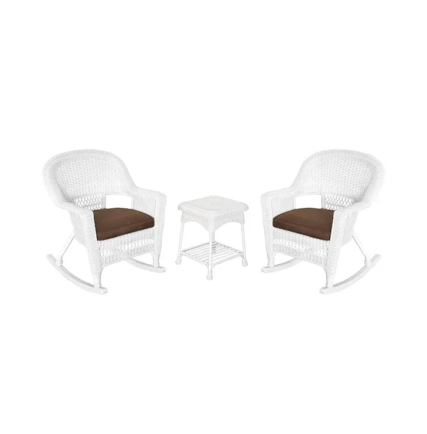 Jeco 3 Piece Rocker Wicker Chair Set with Brown CUSHION - Espresso