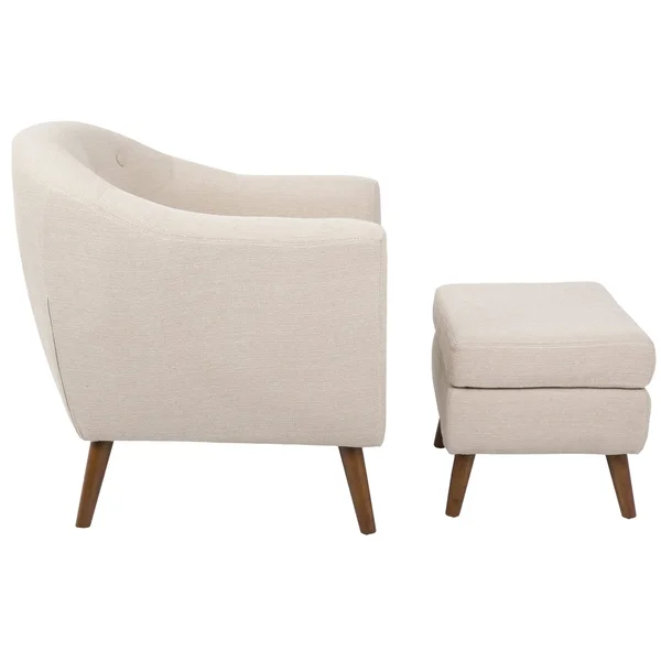 31x22 Beige Woven Fabric and Brown Rockwell Mid-Century Modern Accent Chair with Ottoman