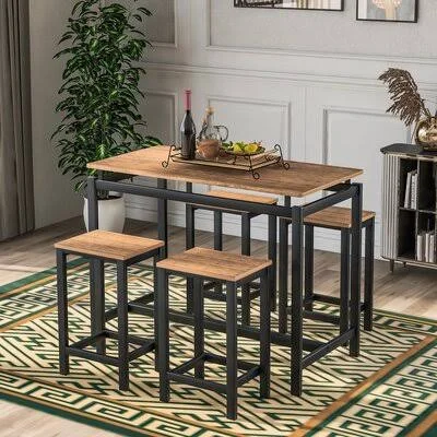 TREXM 5-Piece Kitchen Counter Height Table Set, Industrial Dining Table with 4 Chairs (Oak) Ebern Designs Table Top Color: Brown