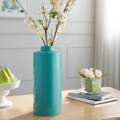 Felizia Blue 10.5x22 Ceramic Table Vase Ebern Designs Color: Blue - Size: 14.5x22 H x 6.25x22 W x 6.25x22 D