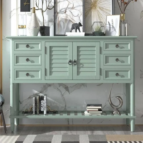 Solid Wood Console Table with 6 Drawers 1 Cabinets - 1 Shelf, Light Green - MDF