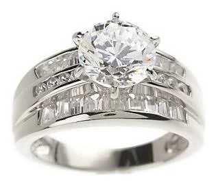 Diamonique Round & Baguette Ring - Sterling or14K Gold Clad, Size 9, Sterling Silver