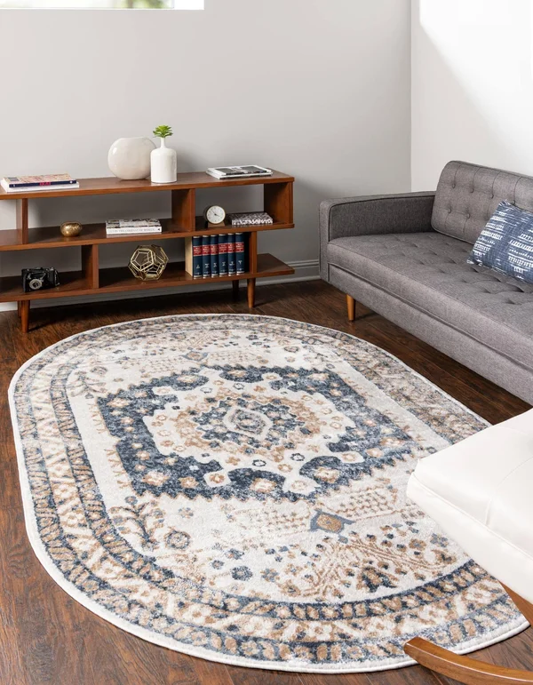 Unique Loom Oxford Medallion Border Rug 5' 1 x 8' Oval Ivory/Blue
