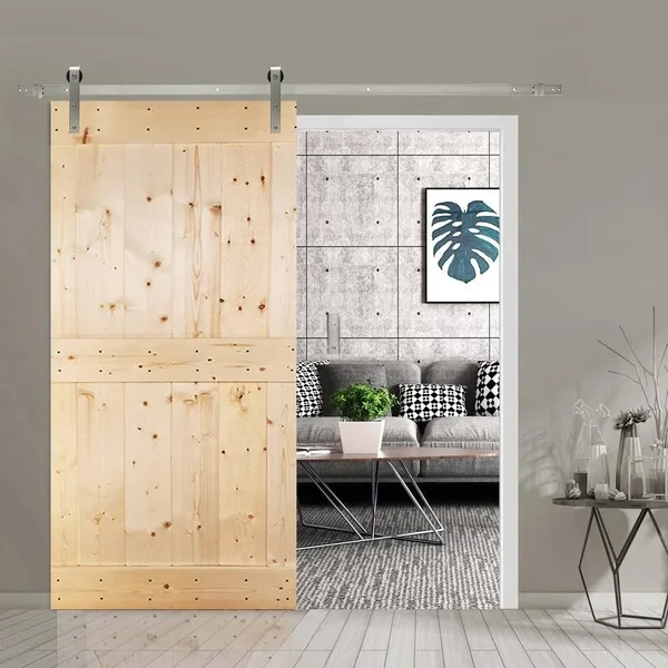 Groove 36 in x 84 in Unfinished 2 Panel Wood Barn Door with Sliding Hardware - 36 x 84