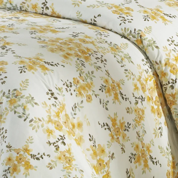 Style Quarters Savanah Floral 3PC Duvet Cover Set-Yellow Watercolor Savannah Floral Pattern-100% Cotton-Machine Washable - Queen