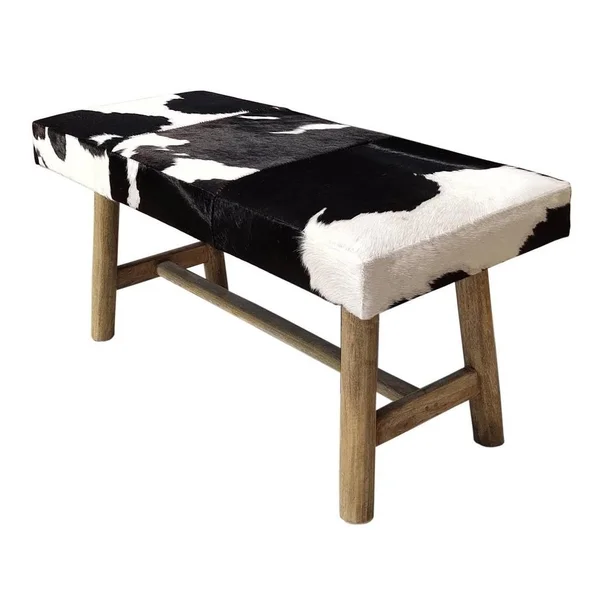 Pancho Black & White Cowhide Bench with Wooden Legs