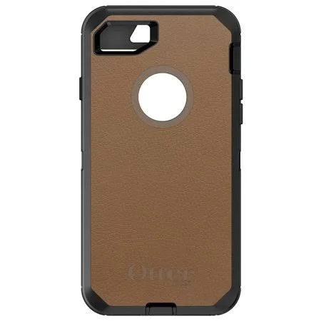 Distinctink Custom Black OtterBox Defender Series Case for Apple iPhone 7 Plus, iPhone 8 Plus (5.5 inch Screen) - Brown Faux Le