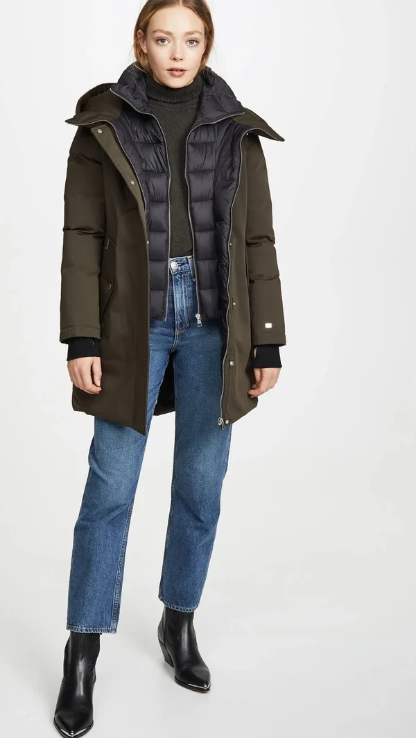 Soiau0026Kyo Belina Mid-Length Classic Down Coat with Puffy Bib - L - Army