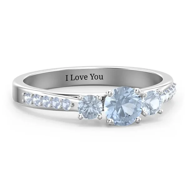 March Birthstone Three Stone Eternity Birthstone Ring with Twin Accent Rows