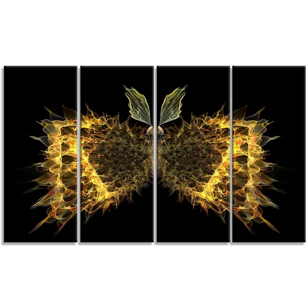 Design Art Golden Fractal Butterfly in Dark - Large Abstract Art Canvas Print - Yellow, 60 in. Wide x 28 in. High - 5 Equal Pane