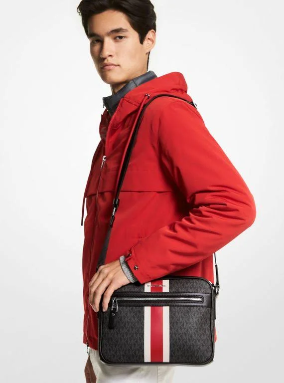 Michael Kors Hudson Logo Stripe Camera Bag - Black - Messenger