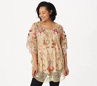 Tolani Collection Embroidered Mesh Caftan Tunic, Size X-Small, Beige