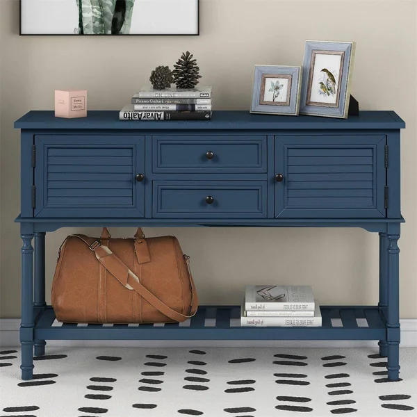 Merax Rusitic Console Table Sofa Table with 2 Drawers, 2 Cabinets and 1 Shelf - Navy Blue