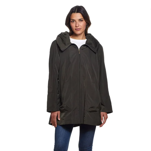 Martha Stewart Pleated Hood Rain Coat, Polyester in Deep Olive, Xs