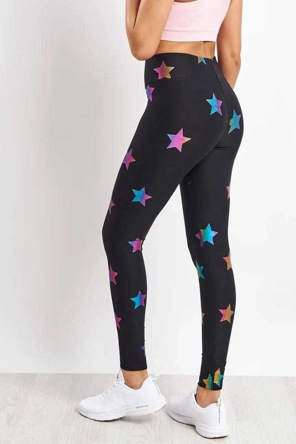 Terez Rainbow Star Foil Printed Tall Band Leggings, Women's, Large, Activewear Athletic Workout Leggings