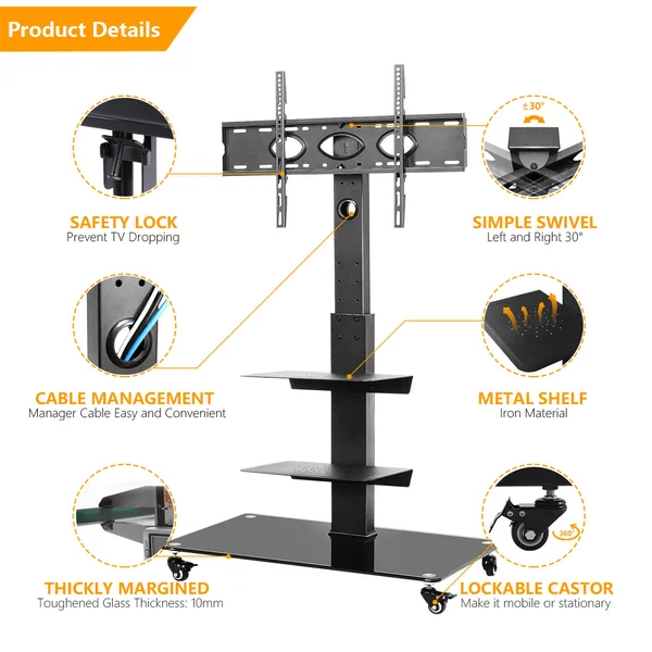 Modern Black Rolling TV Stand for TVs Up to 70 inch Black Metal Shelf