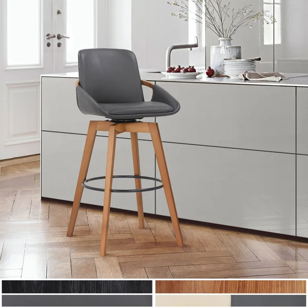 Baylor Swivel Wood Bar Stool in Faux Leather - Armen Living LCBABAWAGR30