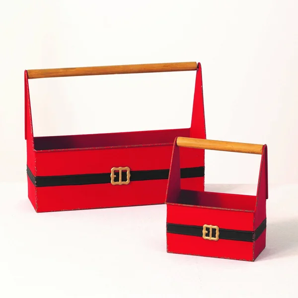Sullivans Santa Belt Metal Trug Set of 2, 15.25x22L & 7.5x22L Red, 9 x 12 in