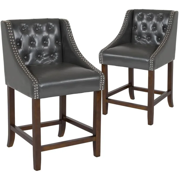 Carnegy Avenue 24 in Dark Gray Leather Bar Stool (Set of 2), Dark Gray/Walnut