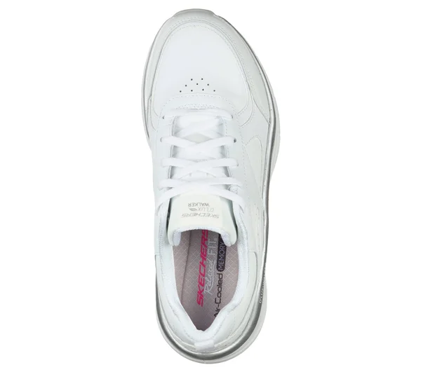 Skechers Women's Relaxed Fit: D&Lux Walker - Timeless Path Sneakers, White/Silver, 5.5