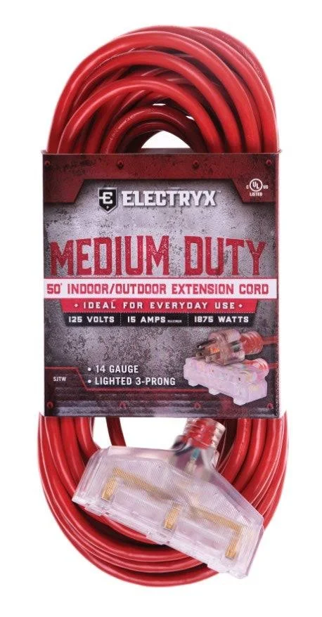 Electryx 50' Medium Duty Indoor/Outdoor 3 Plug Extension Cord - 14 Gauge, Red EL-5014TRRD
