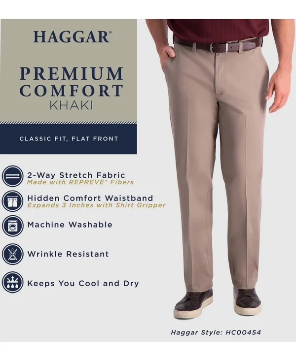 Haggar Men's Premium Comfort Khaki Flat Front Classic Fit Pant