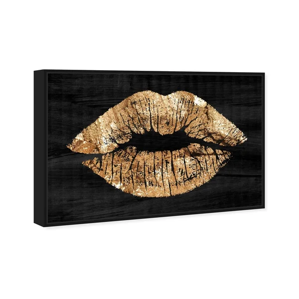 Oliver Gal Fashion and Glam Wall Art Framed Canvas Prints &Solid Kiss Night& Lips - Gold - Black - 54 x 36