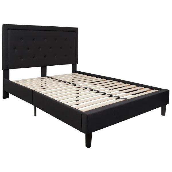 BSD National Supplies - Logan Queen Size Black Fabric Platform Bed with Button Tufted Headboard